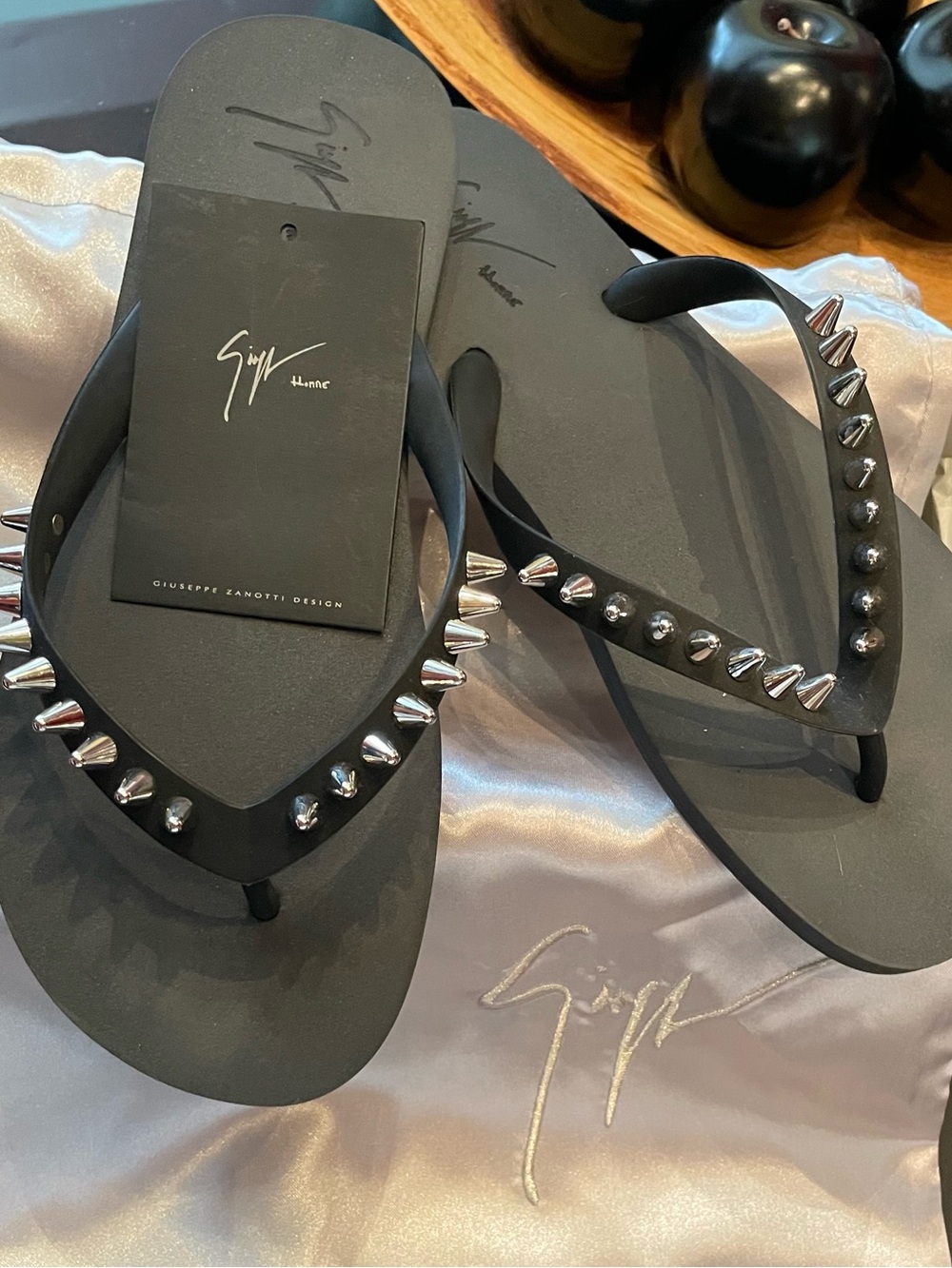 Giuseppe Zanotti Black Flip Flops with Silver Spike Studs